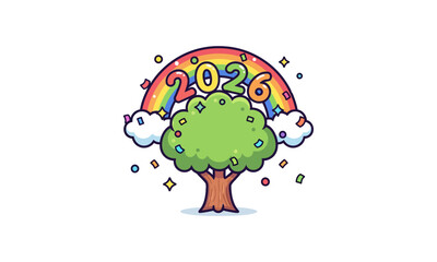 Colorful Doodle Tree and Rainbow Illustration with 2026 Numbers