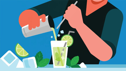 Illustration Vector Person Mixing Cocktails With Flair, Using A Shaker And Specific Ingredients Vector Design Template