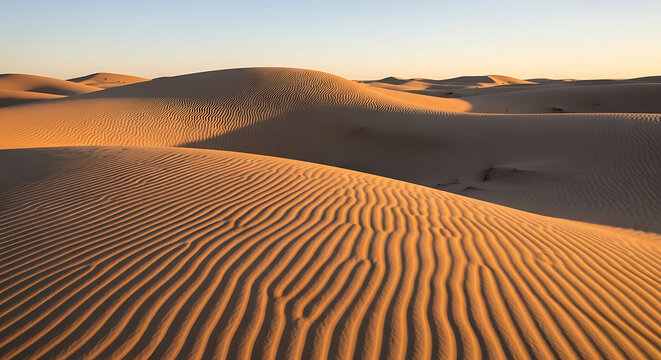 Golden hour light illuminates rippled sand dunes in a vast desert landscape