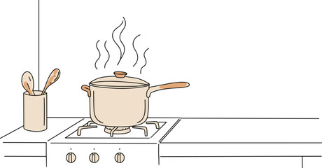 Minimal kitchen stove, boiling pot, steam rising, cooking utensils, clean countertop, modern line art, CAD drawing flat vector illustration