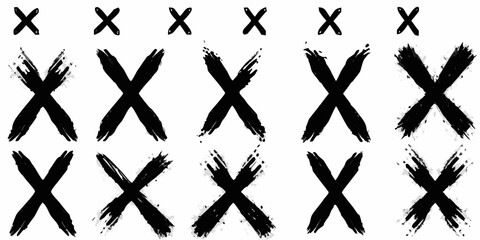 Collection of black cross marks with varying brush stroke textures and sizes on a white background