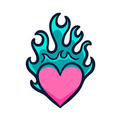 Decorative flame and heart symbol. Love and passion design concept. Hand drawn tattoo vector illustration.