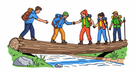 Hikers crossing log over stream teamwork friendship