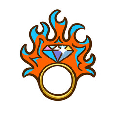 Decorative flame and diamond ring symbol. Engagement marriage proposal design concept. Hand drawn tattoo vector illustration.