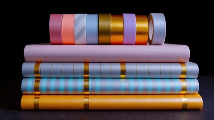 Stack of four rolls of colorful ribbons.