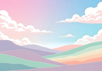 Obraz premium Pastel Dreamscape Tranquil Horizon Serene Mountains Colorful Sky Fluffy Clouds Peaceful Vista Art Illustration
