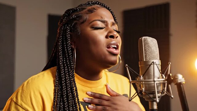 Soulful african american woman with braids singing emotionally into a professional condenser microphone during a recording session in a soundproof studio, expressing her passion for music