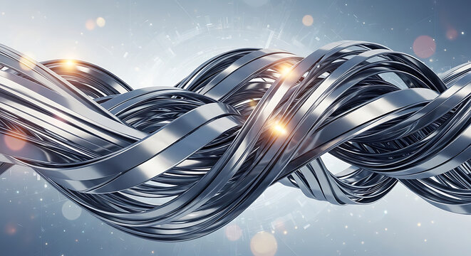 Abstract metallic sculpture twisting through light particles