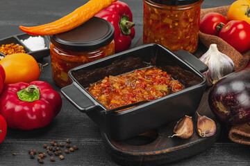 Vegetable caviar, traditional vegan stewed dish, saute. Ripe veggies, fragrant spices, preserve food