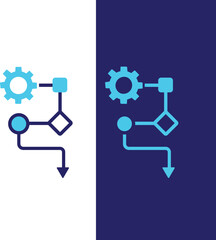 Flowchart icon representing a business process with gears and decision points, shown on split backgrounds