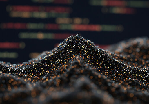 Close-up of a textured, dark, granular surface resembling a mountain range, with blurred colorful lights in the background.