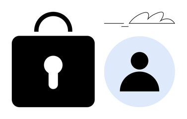 Lock representing security next to a profile icon in a blue circle with a minimal cloud outline. Ideal for cybersecurity, privacy, identity protection, personal data, online security, accounts