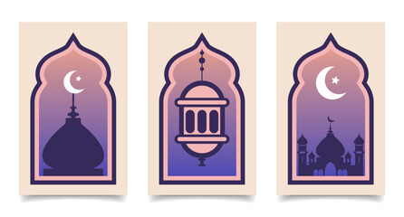 Ramadan Kareem greeting card set. Mosque, lantern and crescent moon. Islamic Posters for Ramadan and Eid. Illustration.