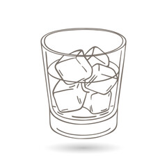 Whiskey glass with ice cubes isolated on white background. Hand drawn illustration.