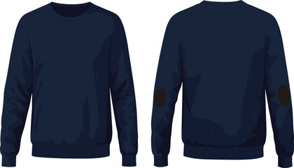 Navy blue crewneck sweatshirt front and back view, casual fashion apparel, long sleeve pullover with elbow patches, isolated illustration