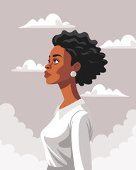 Young African American woman with curly hair. A strong woman looking up at the sky. Freedom, feminism, female dignity concept.