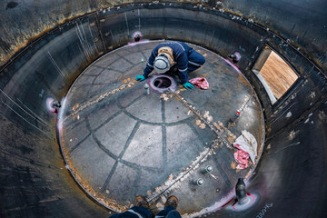 Top view male climbs up the stairs into the tank stainless chemical area inside