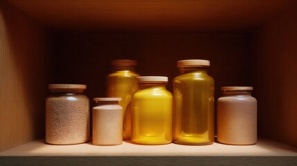 Wooden shelf with six glass jars of different sizes and shapes.