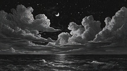 Engraving style, peaceful black and white sea. Generative AI.