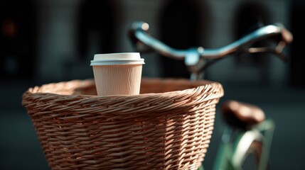 Close-up of a bicycle handlebar and a wicker basket. the basket is made of light brown wicker and has a white paper cup with a lid on top.