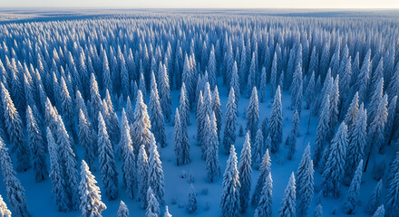 Vast frozen forest canopy covered in snow from above