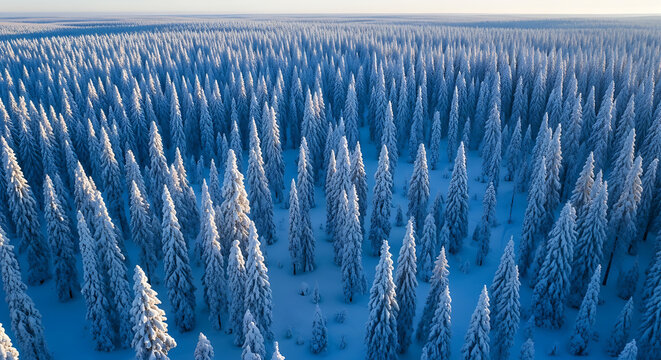 Vast frozen forest canopy covered in snow from above - Powered by Adobe