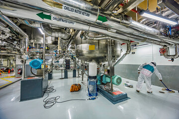 Male work inspection process stainless steel pipe stainless with pressure meter in equipment tank...