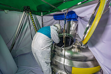 Male work inspection process stainless steel pipe stainless with pressure meter in equipment tank facility