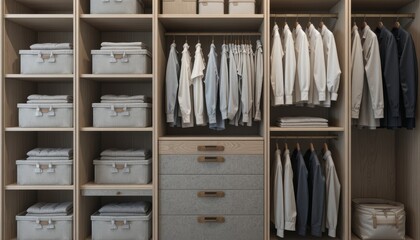 Organized wooden closet with shelves, drawers, hanging white shirts, and labeled storage boxes in a tidy wardrobe interior.