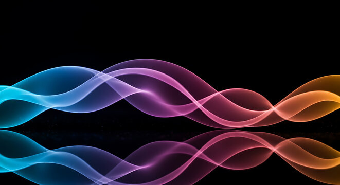 Abstract colorful wavy lines flowing across a dark reflective surface