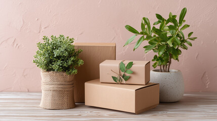 Eco friendly packaging box with green plant recycled cardboard natural decoration sustainable concept minimalist style wooden table soft light calm atmosphere