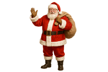Santa with a sack of gifts waving hand. Christmas classic.