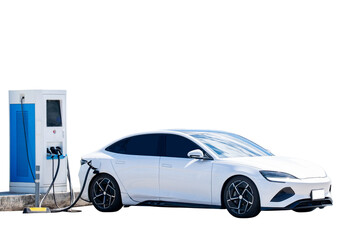 Modern electric vehicle charging at EV station isolated on transparent background, symbolizing clean energy, green technology, and eco-friendly transportation for a sustainable future. PNG