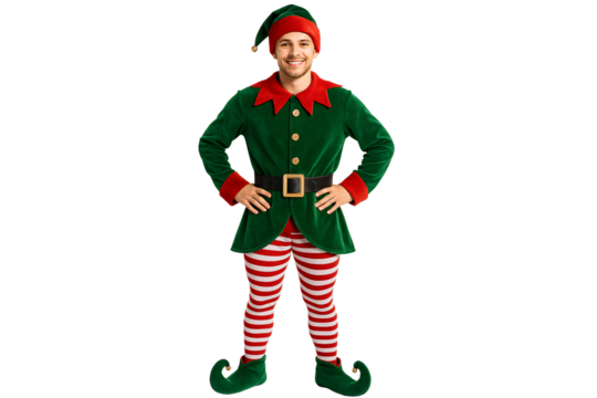 Man dressed as an elf. Fun Santa’s helper look.