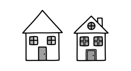 Simple black and white drawing of two cartoon houses side by side