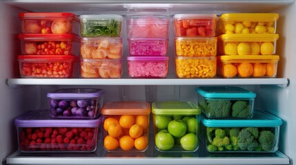 The interior of an open refrigerator with multiple plastic containers filled with different types of fruits and vegetables.