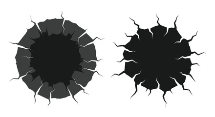 Two dark cracked holes in a white surface graphic design element