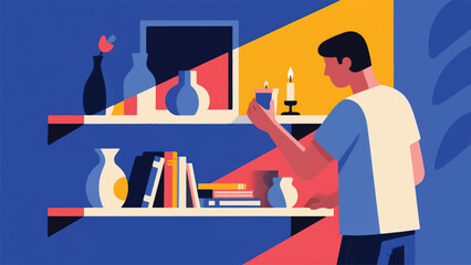 Illustration Vector Person Re-Arranging Small Decorative Items On A Shelf To Create A New Vignette Vector Design Template