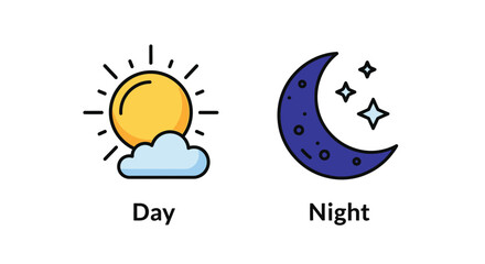 Simple illustration depicting sun clouds moon and stars for day and night