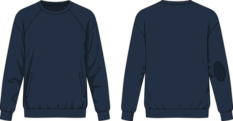 Navy blue sweatshirt, front and back view, fashion sketch, casual wear, ribbed cuffs, elbow patch, vector apparel, garment design