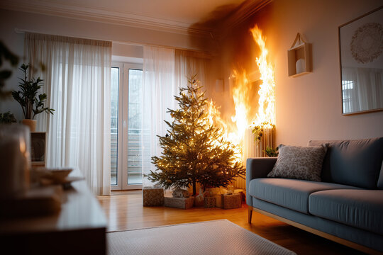 Christmas tree in a cozy living room caught on fire, realistic indoor emergency scene, flames starting from lower branches and moving upward, glowing garlands and ornaments partial