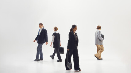 Business group walking apart symbolizing independence and individuality in modern career culture. Concept of digital nomads, freedom, and evolving professional identity.