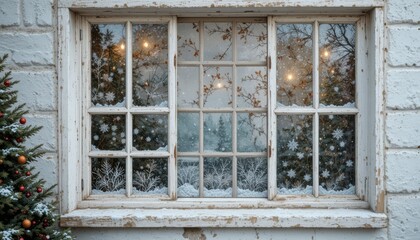 Old wooden window with frosted glass and snowflakes, Christmas tree branches with lights outside, winter holiday decoration concept