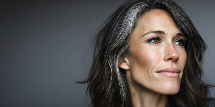 45-year-old brunette woman with early gray hair strands, natural medium close-up portrait, neutral soft background with gentle depth of field, calm confident expression, harmonious