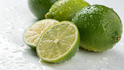 Green Lemon with water drop and lemon slice on white surface in white background