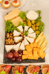 A vibrant cheese platter is set on a table, featuring various cheeses, fresh greens, olives, walnuts, and grapes. Perfect for parties or social events, it's inviting and colorful.