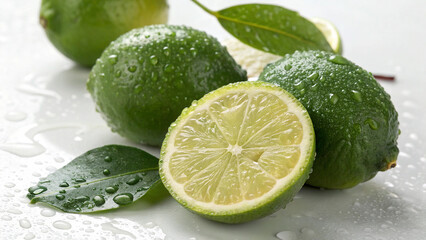 Green Lemons with water drop and lemon slice on white surface in white background