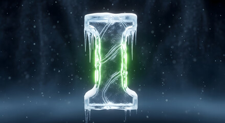 Icy letter i glows green in winter scene. Suitable for winterthemed designs, holiday promotions, and seasonal digital content creation.