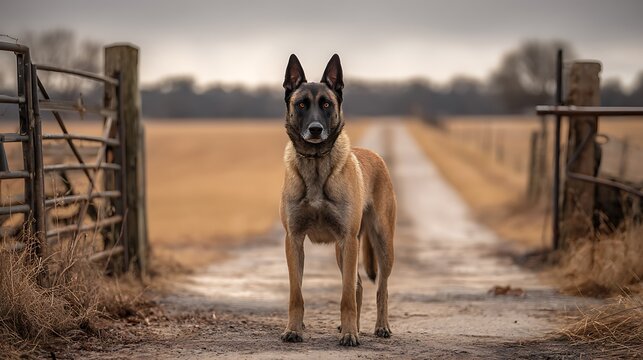 A belgian malinois stands alert on a dirt road between a gate and a field in the countryside