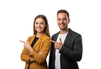 Two professionals pointing to the side as attention cue for referral program visuals or product feature highlights and event announcements, suitable for ads and newsletters for business outreach